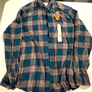 St Johns Bay Mens Button Down Flannel Teal Plaid Long Sleeve Super Soft W/Tag